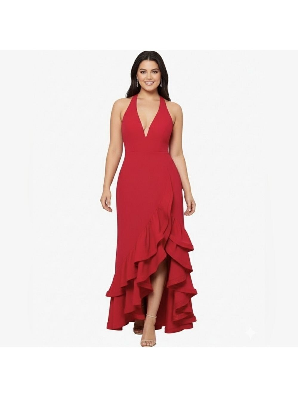 Betsy & Adam Women Sleeveless VNeck Asymmetric Ruffle Hem Scuba Crepe Gown 8 NWT